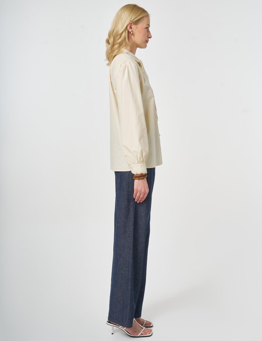 %100 Pamuklu Dantel Garnili Bluz Ekru 