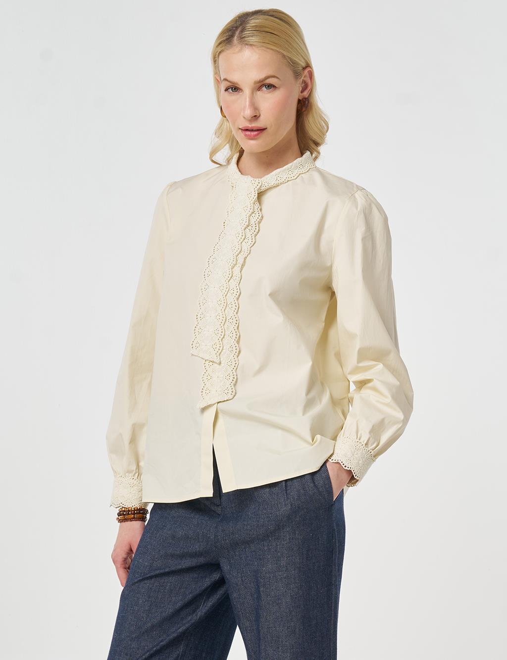 %100 Pamuklu Dantel Garnili Bluz Ekru 
