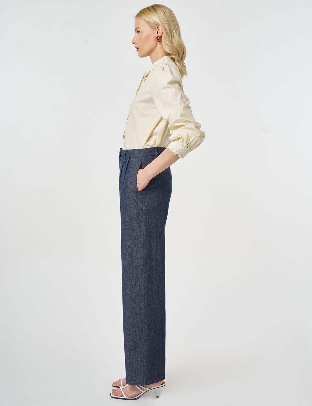 Pleated Cotton-Linen Trousers Dark Navy