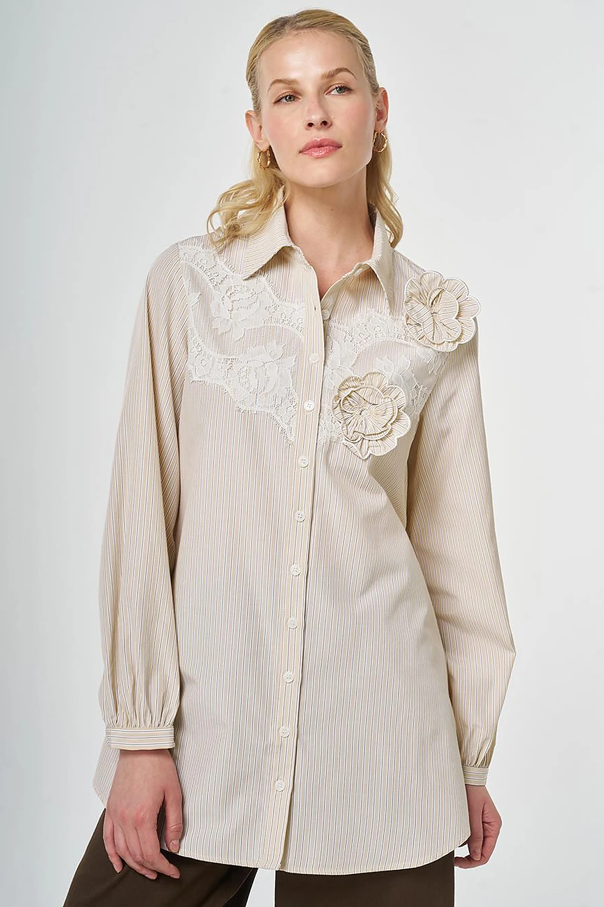 Lace-Trimmed Cotton-Viscose Tunic Light Yellow