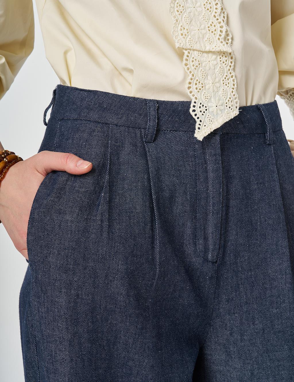 Pleated Cotton-Linen Trousers Dark Navy