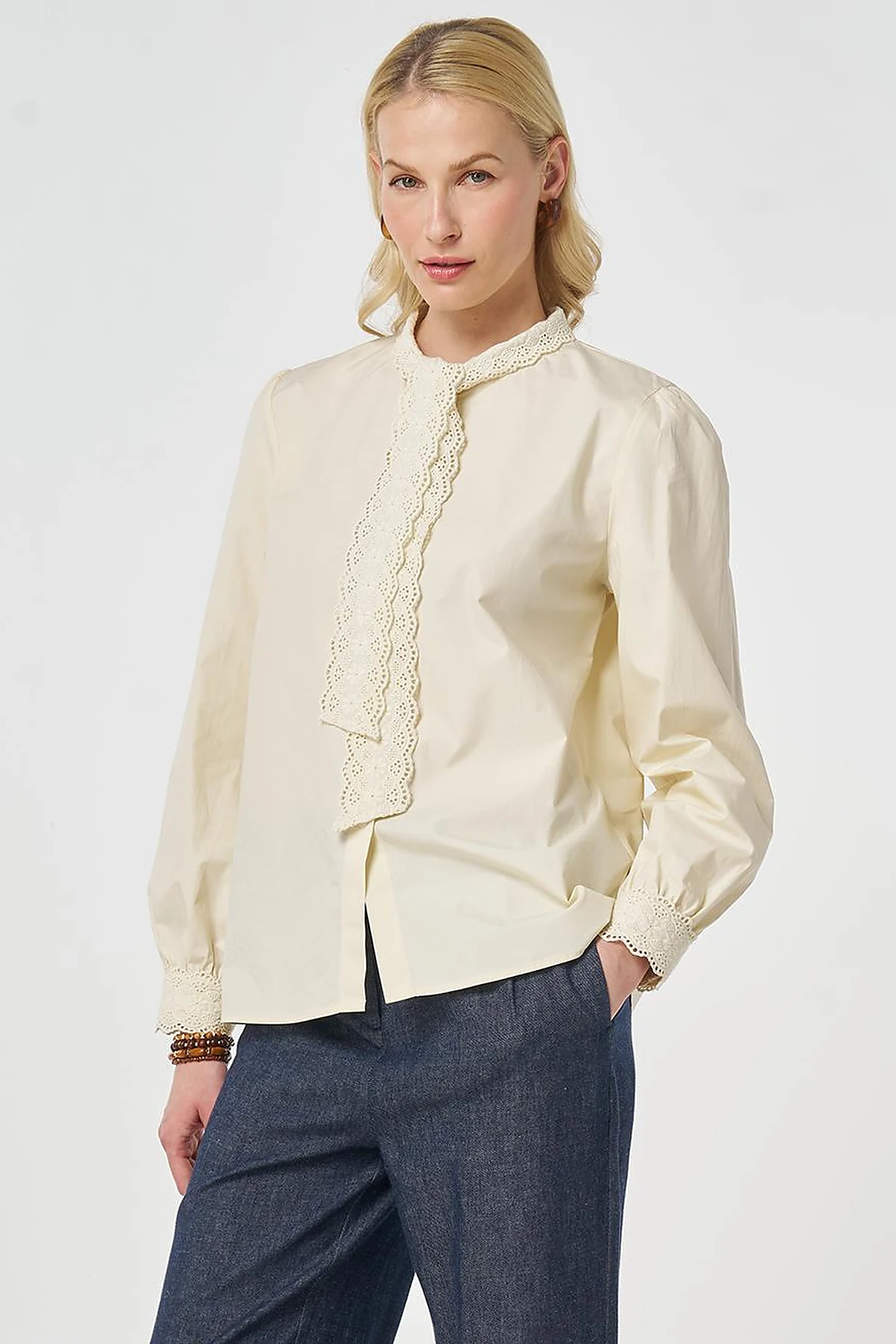 100% Cotton Lace-Trimmed Blouse Ecru