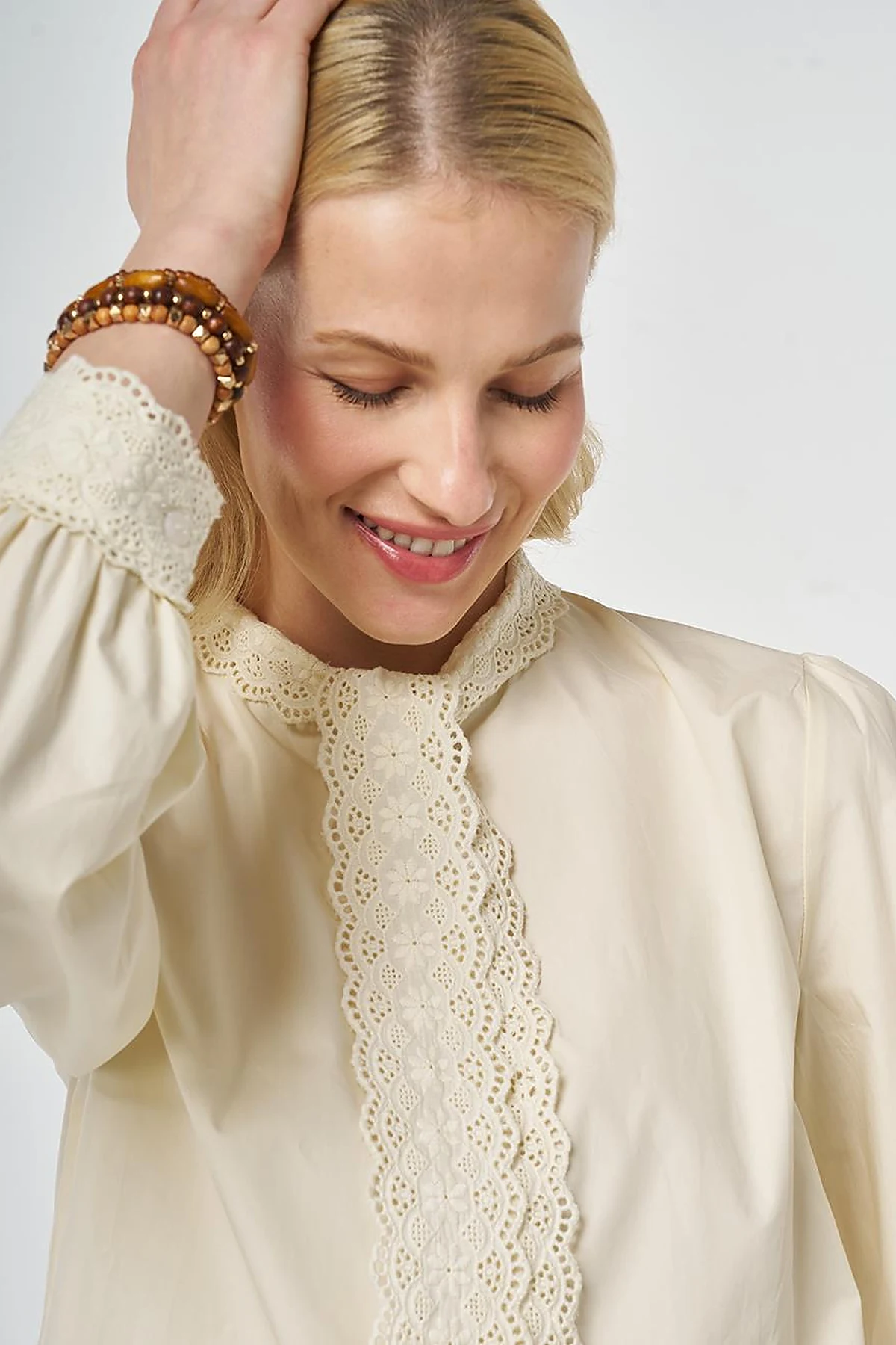 100% Cotton Lace-Trimmed Blouse Ecru