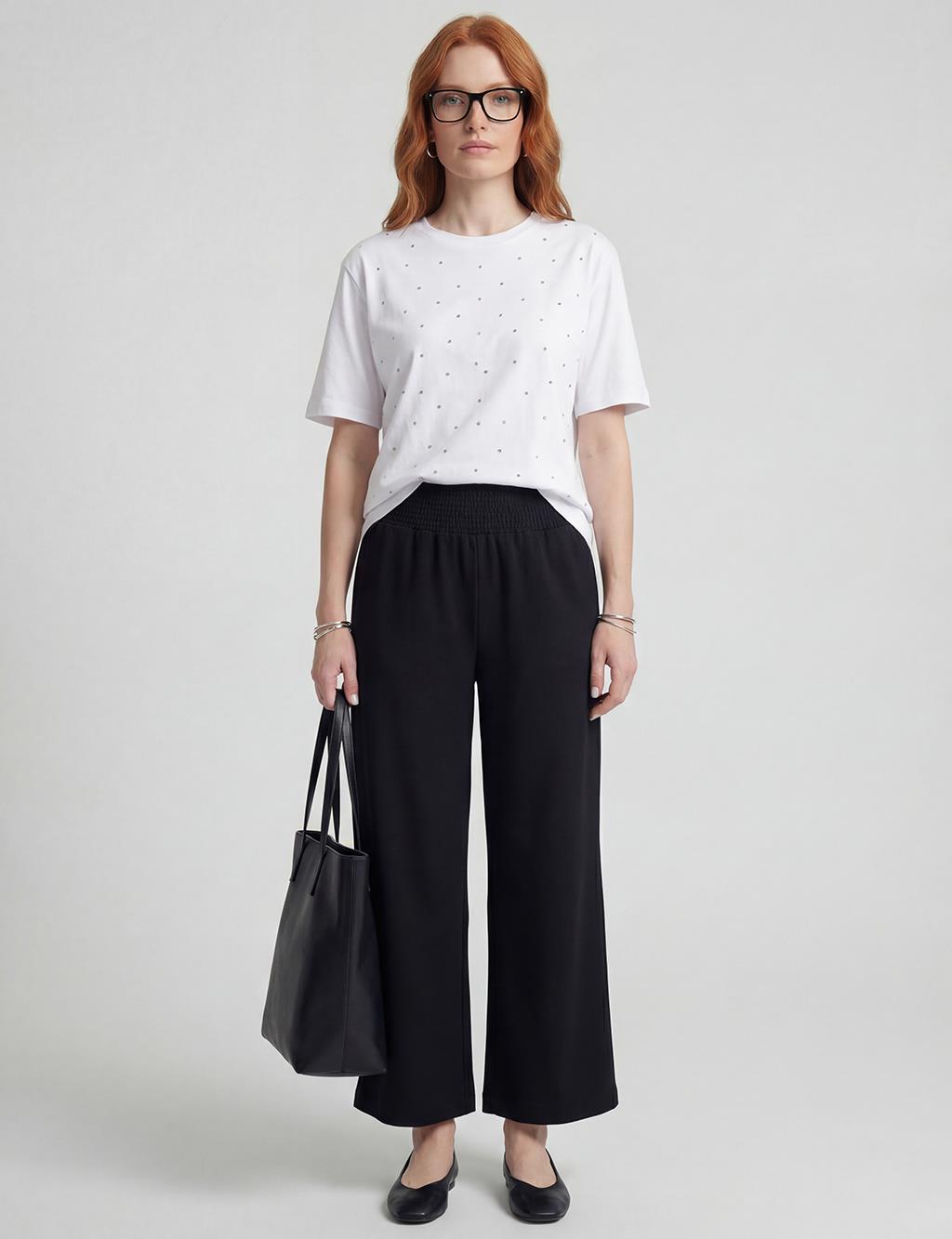 Relaxed Fit Trousers with Lace Stitching, Black