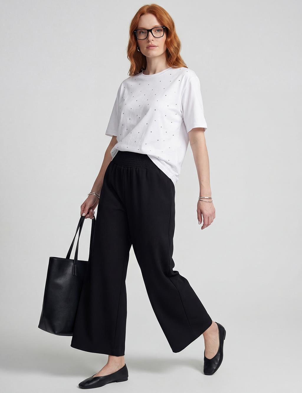 Relaxed Fit Trousers with Lace Stitching, Black