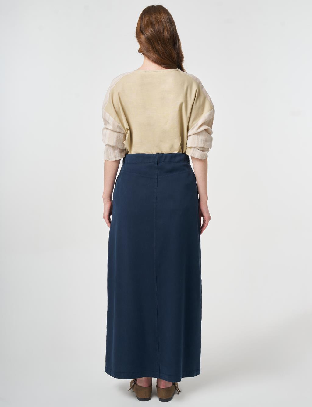 100% Lyocell Button Detail Skirt Dark Navy