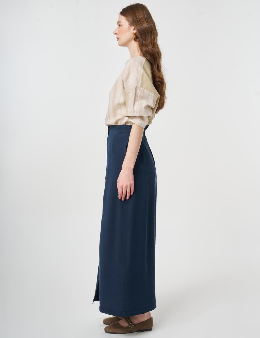 100% Lyocell Button Detail Skirt Dark Navy