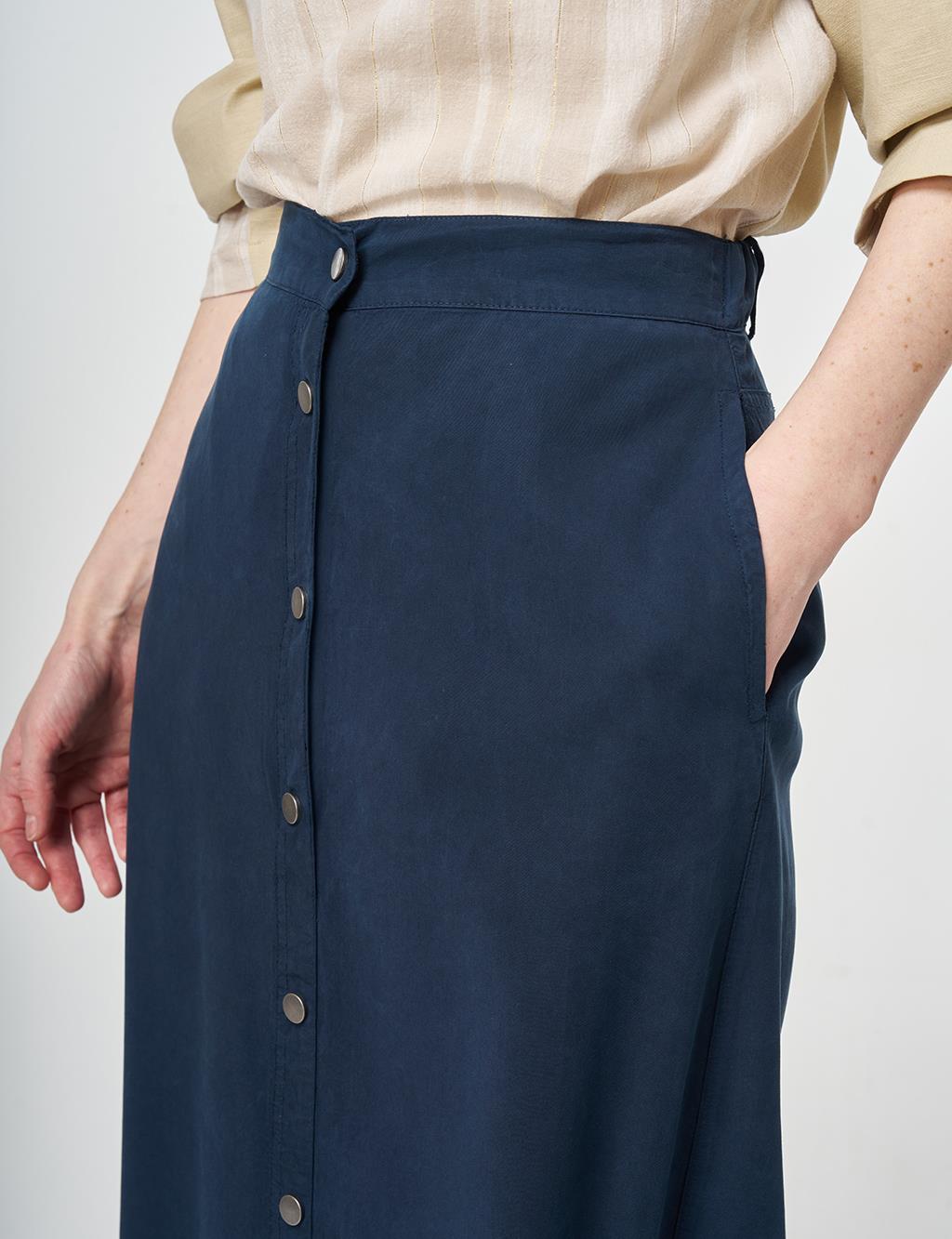 100% Lyocell Button Detail Skirt Dark Navy