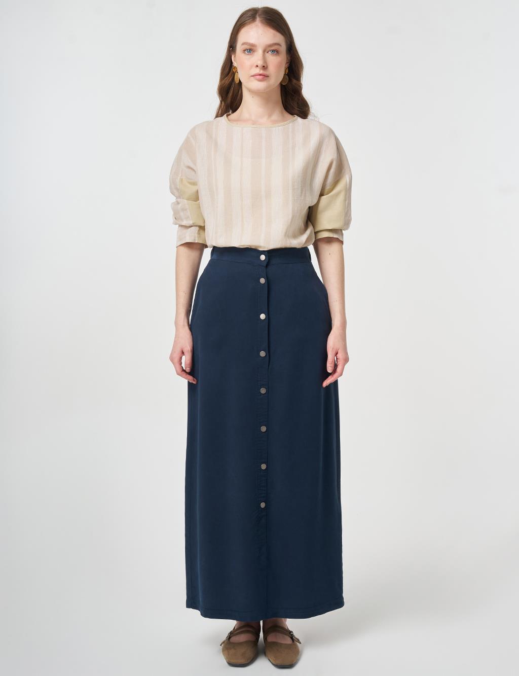 100% Lyocell Button Detail Skirt Dark Navy