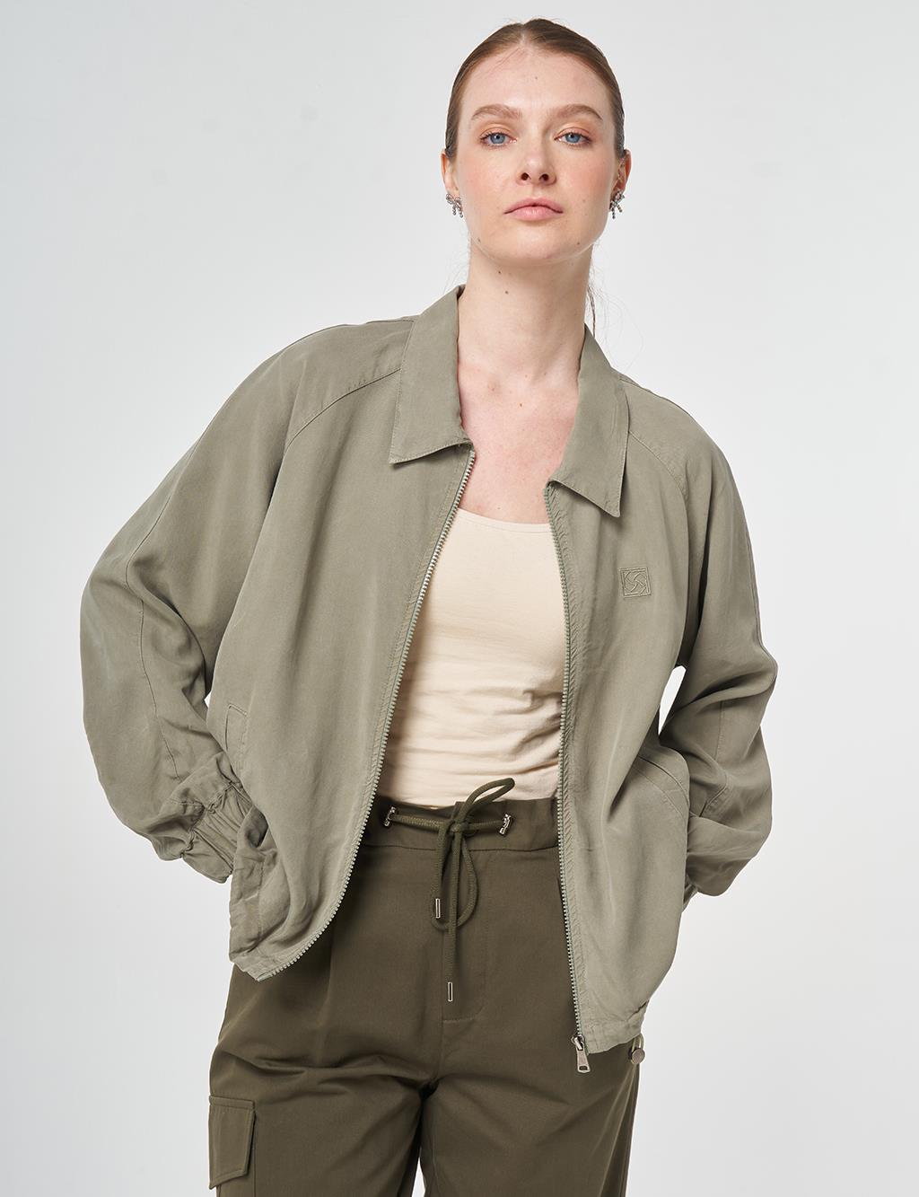 100% Lyocell Polo Collar Jacket Khaki