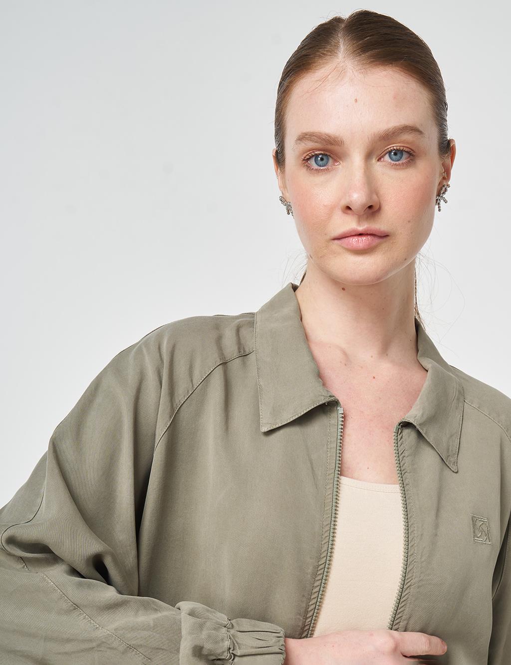 100% Lyocell Polo Collar Jacket Khaki