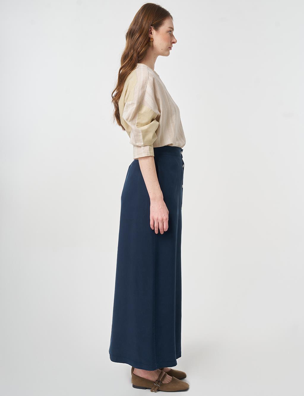 100% Lyocell Button Detail Skirt Dark Navy