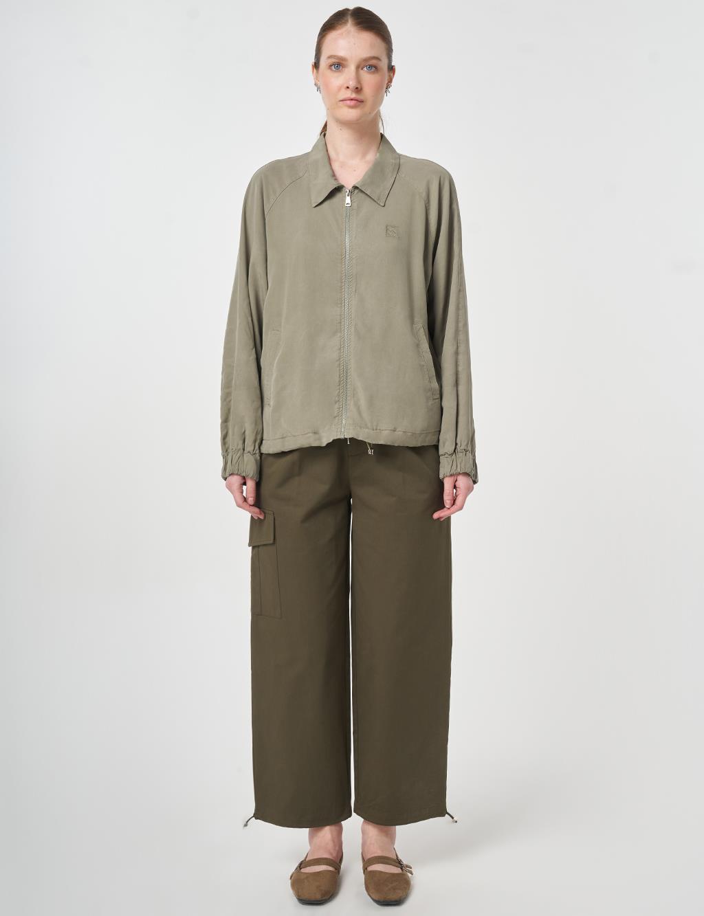 100% Lyocell Polo Collar Jacket Khaki