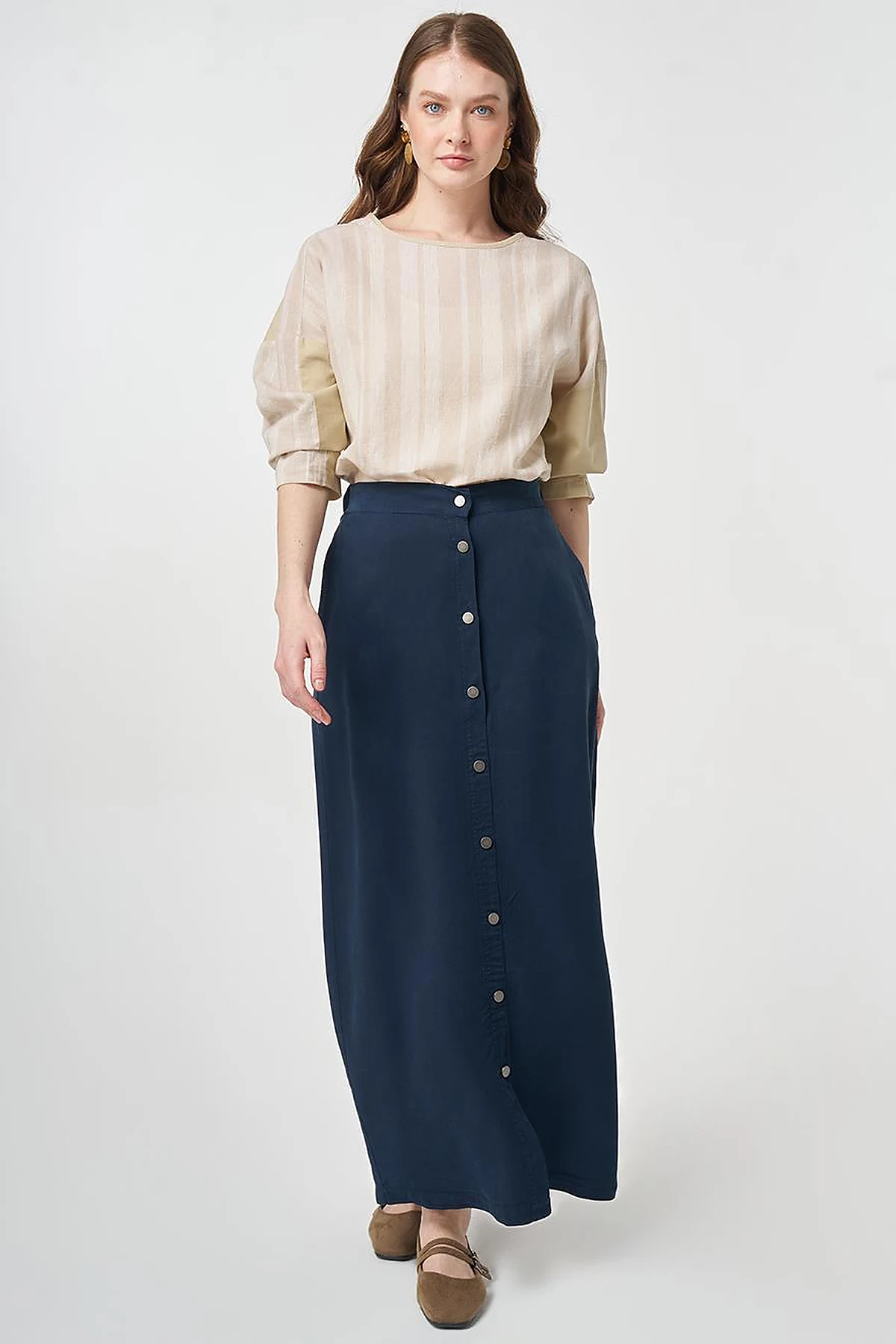 100% Lyocell Button Detail Skirt Dark Navy