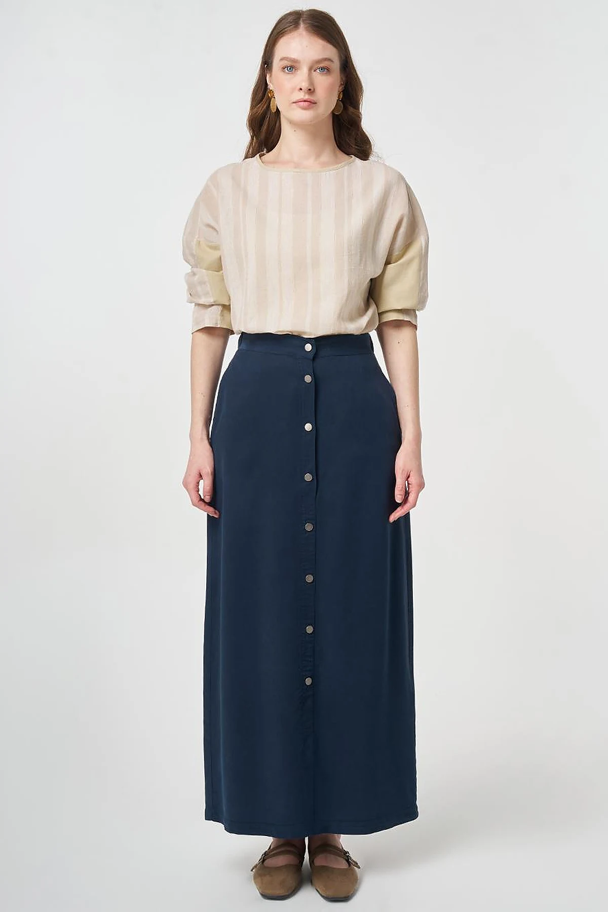 100% Lyocell Button Detail Skirt Dark Navy
