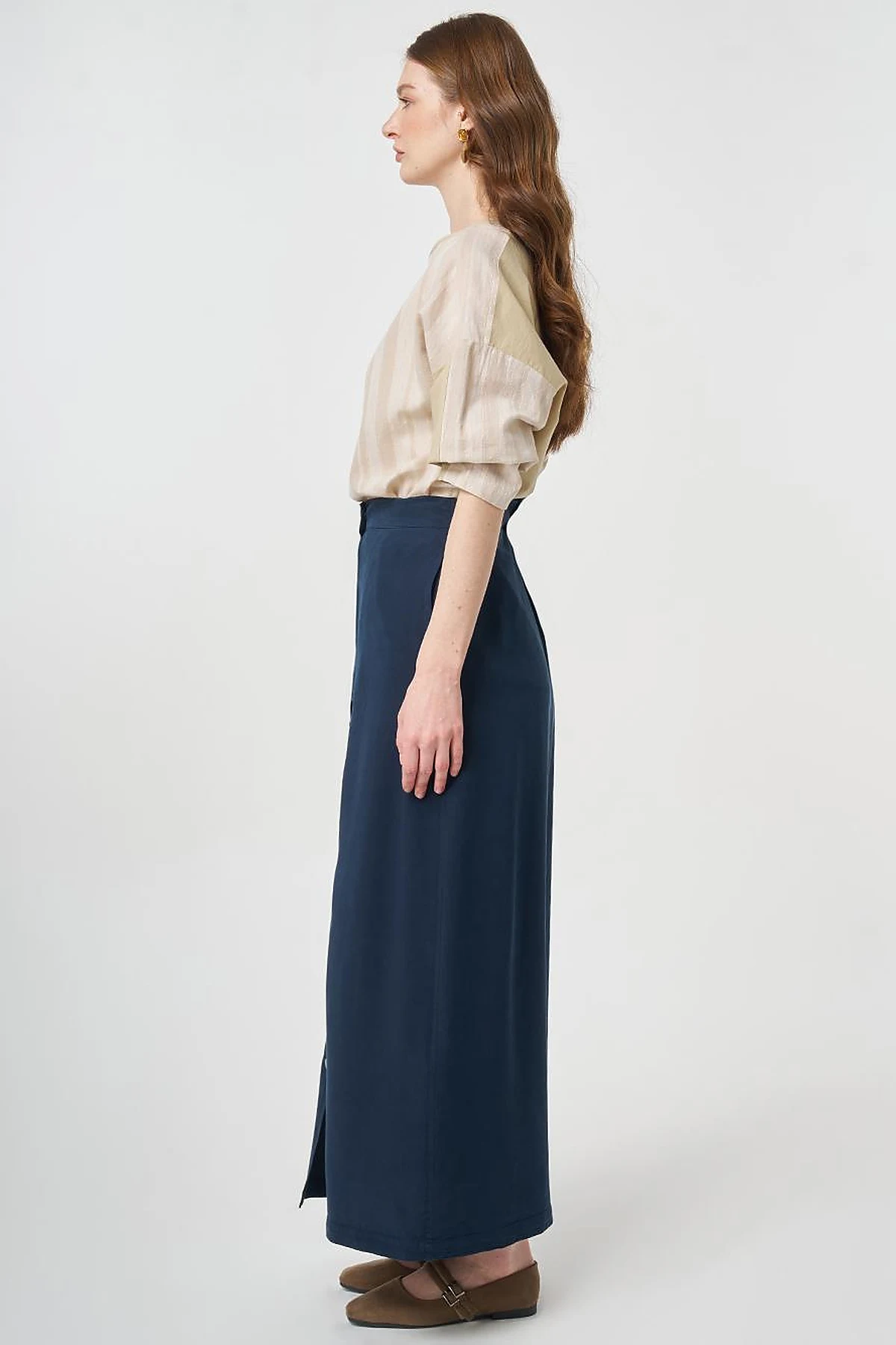 100% Lyocell Button Detail Skirt Dark Navy