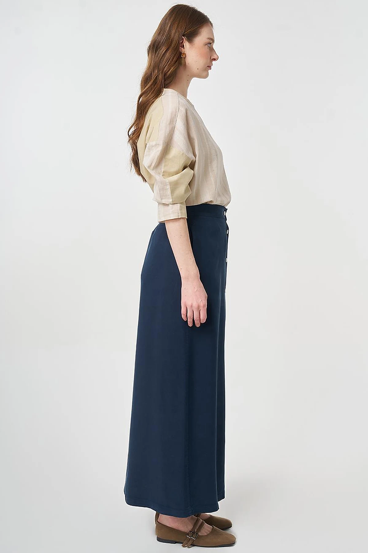 100% Lyocell Button Detail Skirt Dark Navy