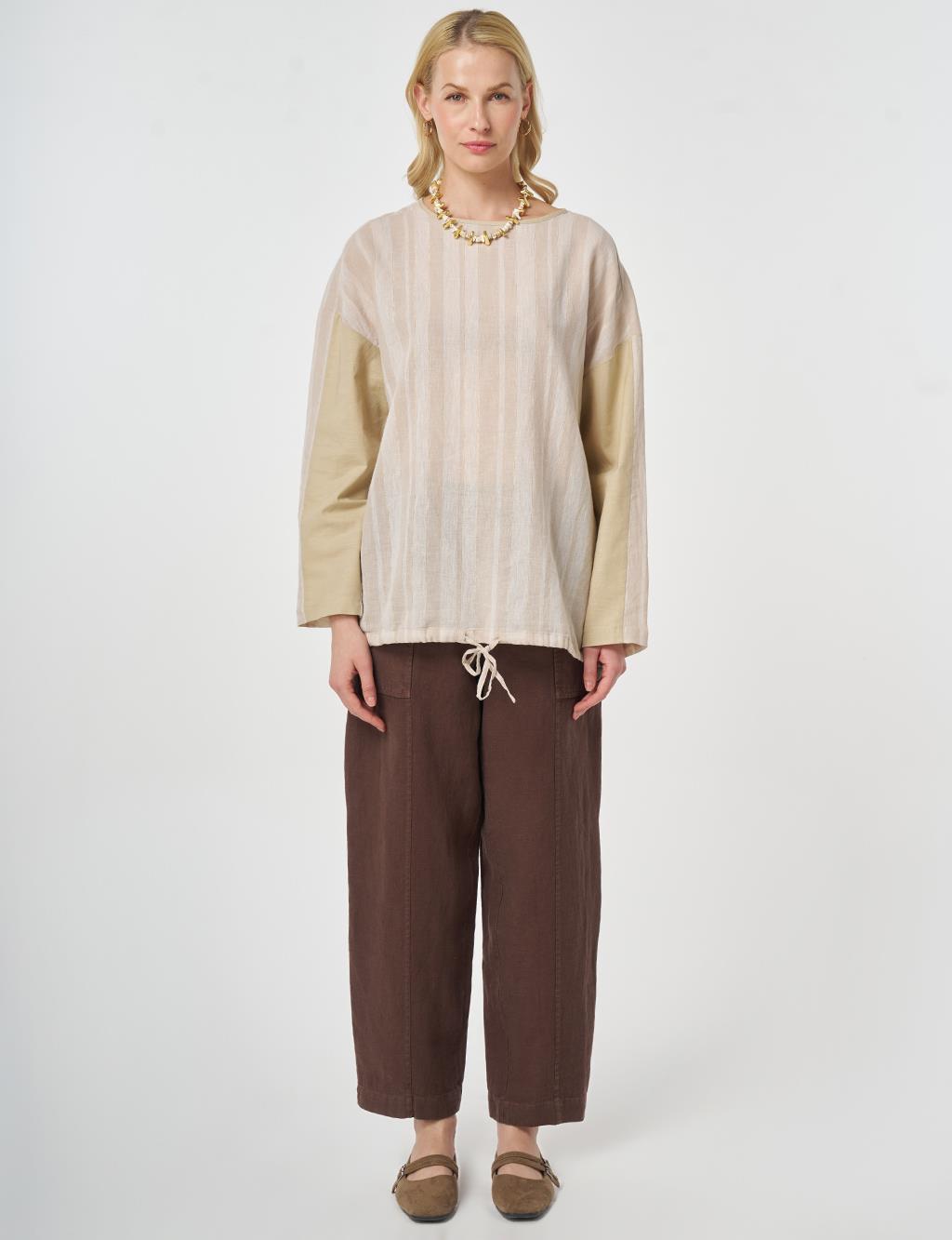 Crew Neck Cotton Linen Blouse, Beige