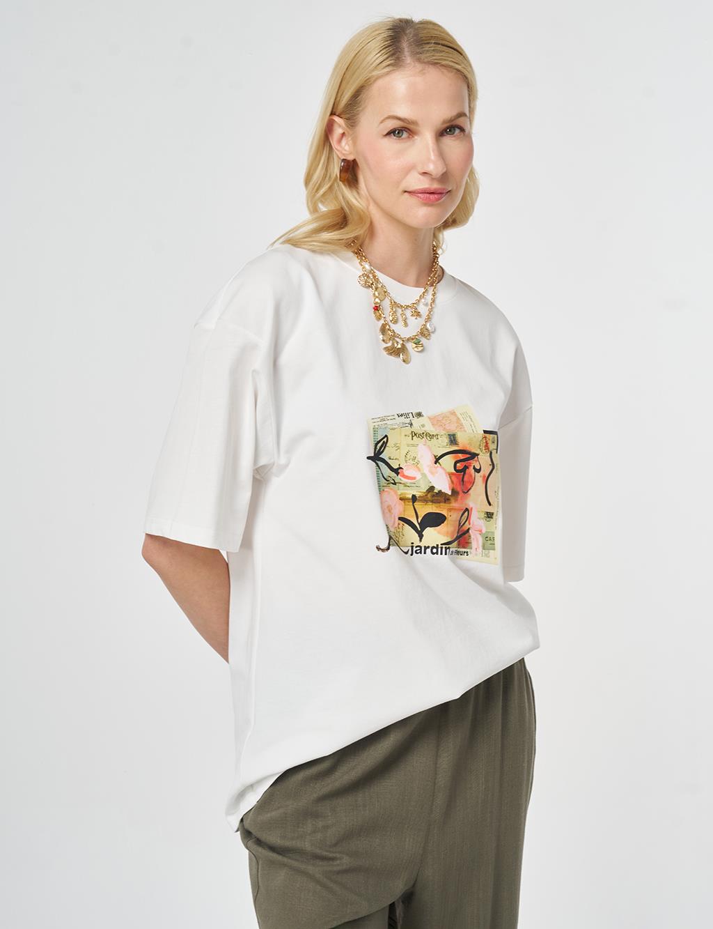 Print Detail T-shirt, Ecrou