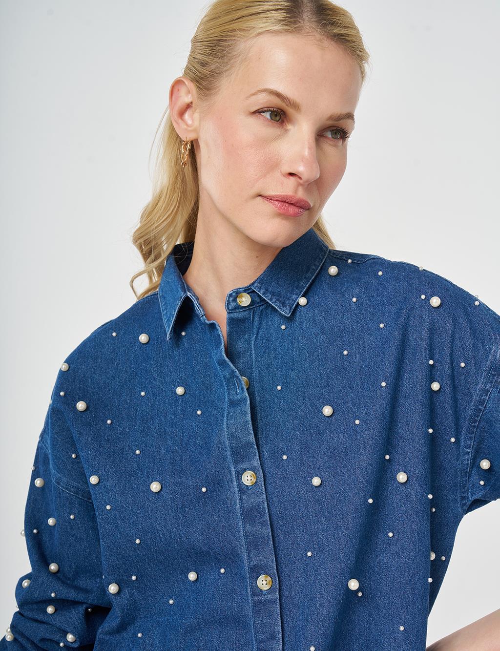 Pearl-Embellished Denim Tunic Indigo