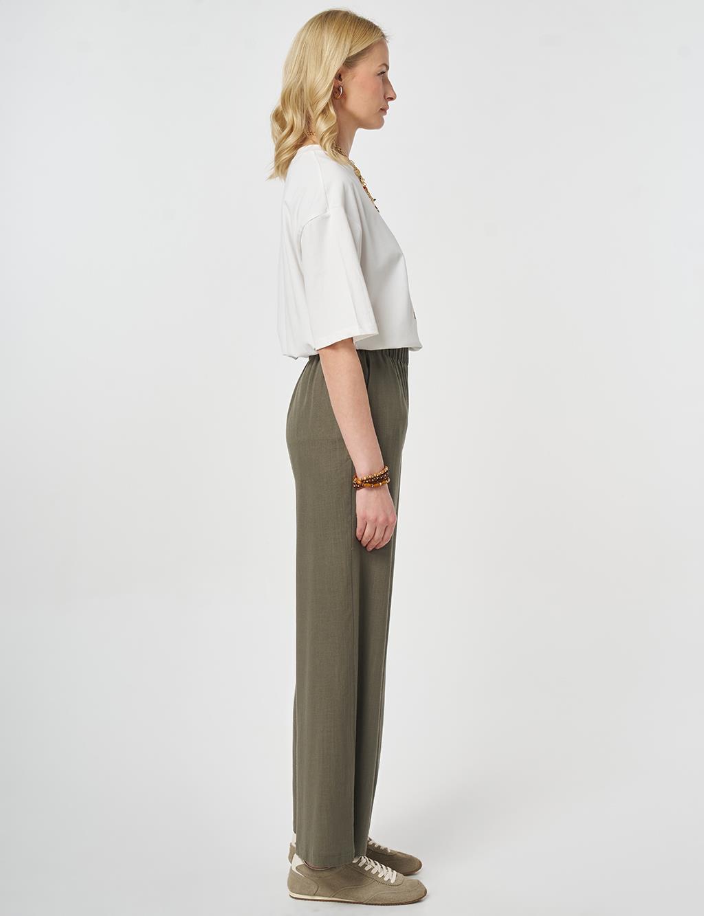 Bel Lastikli Keten Viskon Pantolon Haki