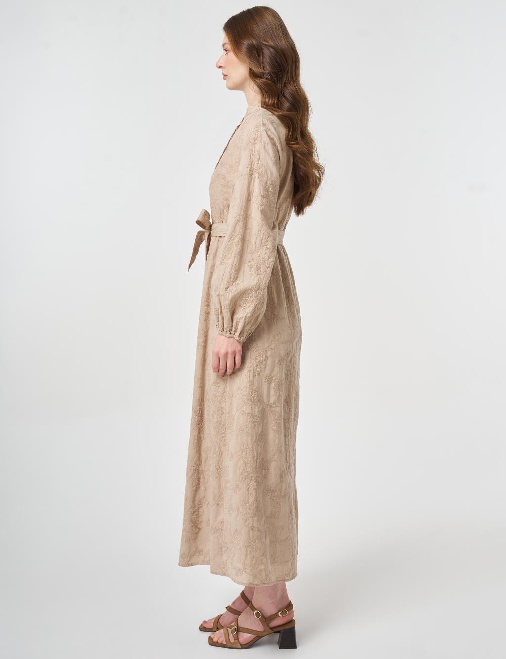 100% Cotton Embroidered Dress Beige