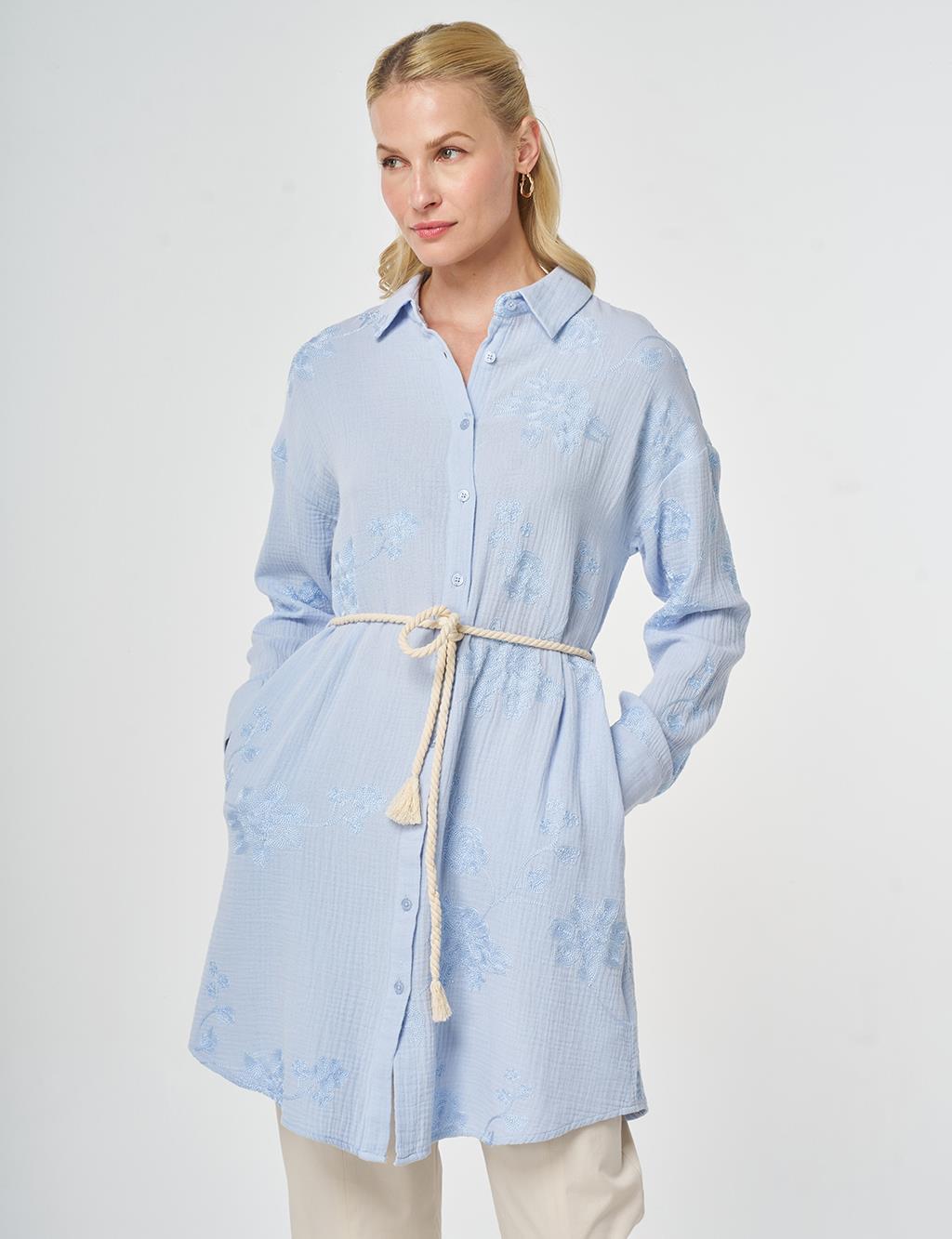 Hasır İp Kemer Detaylı Pamuklu Tunik Mavi