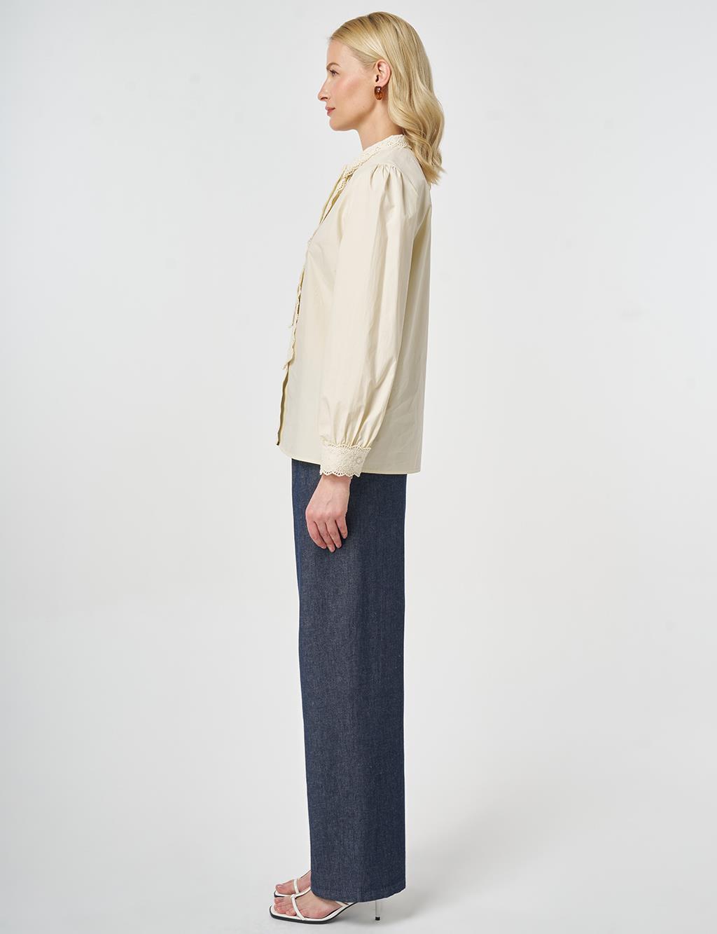 %100 Pamuklu Dantel Garnili Bluz Ekru 