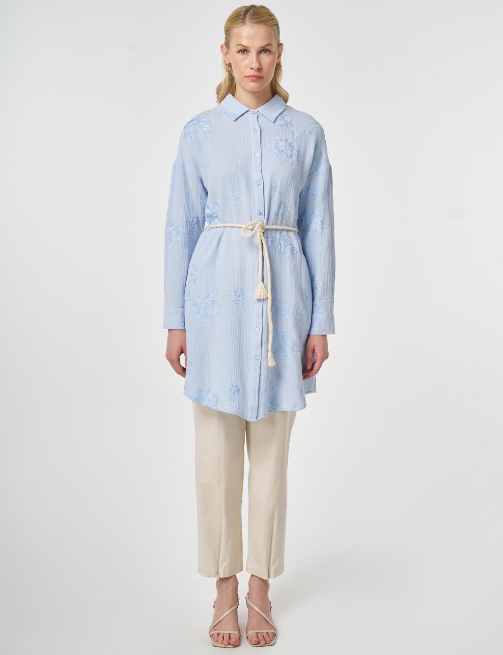 Hasır İp Kemer Detaylı Pamuklu Tunik Mavi
