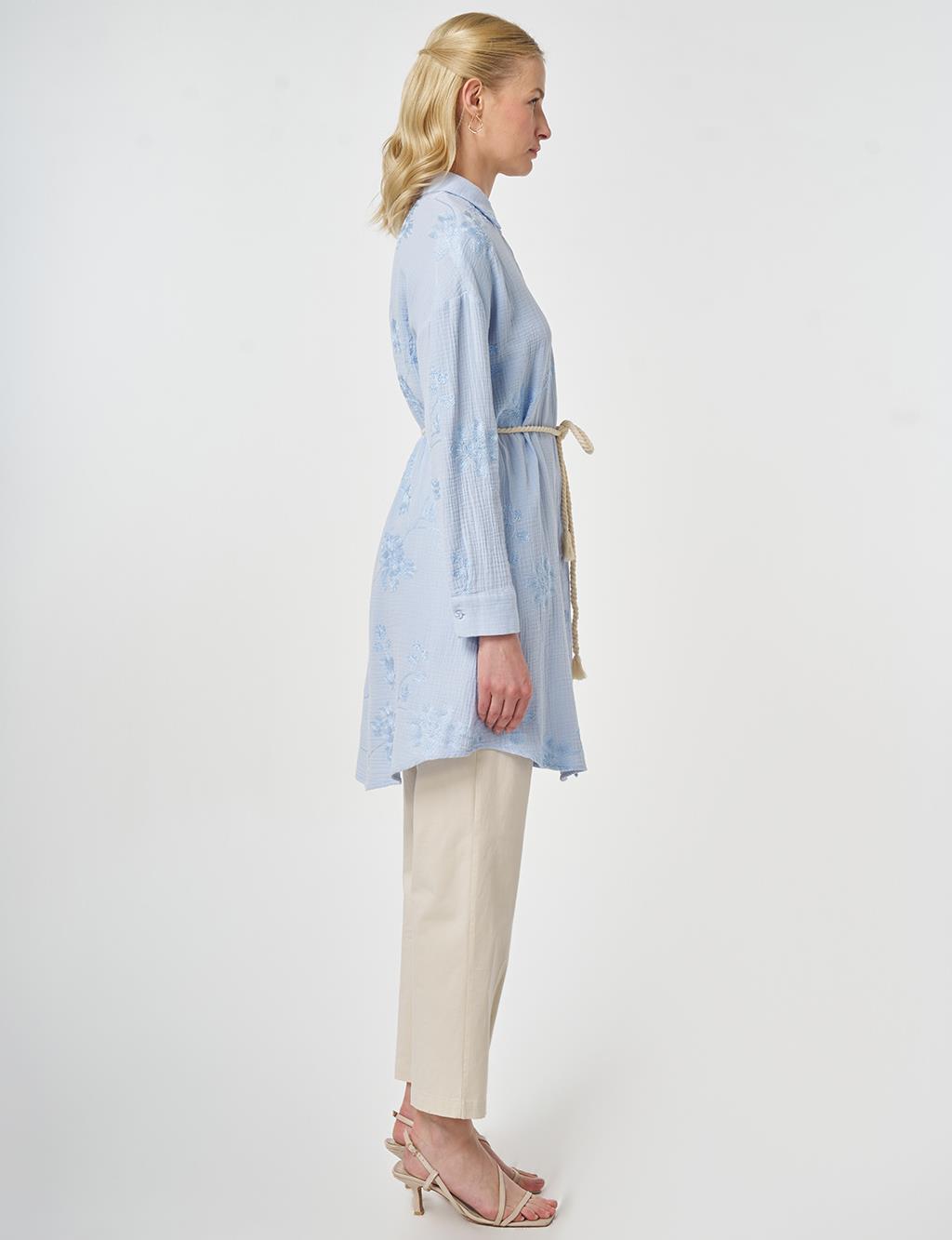Hasır İp Kemer Detaylı Pamuklu Tunik Mavi