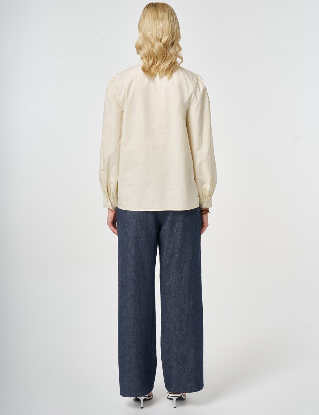 %100 Pamuklu Dantel Garnili Bluz Ekru 