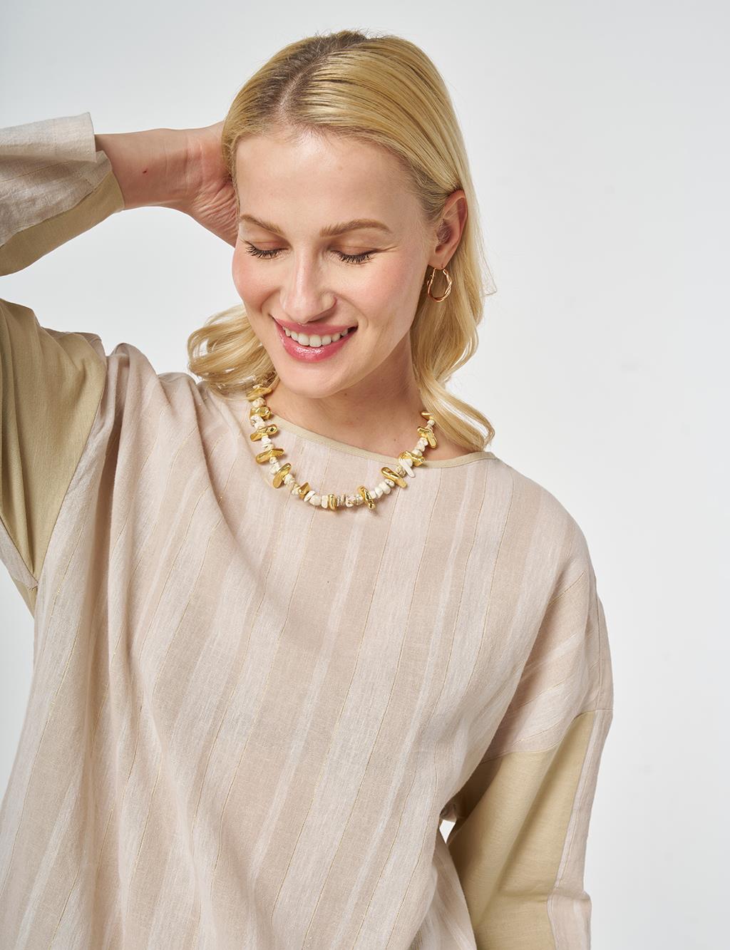 Crew Neck Cotton Linen Blouse, Beige