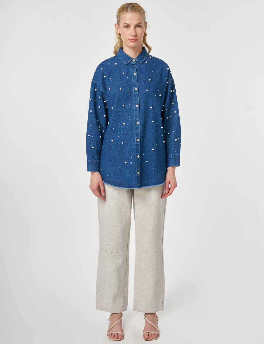 Pearl-Embellished Denim Tunic Indigo