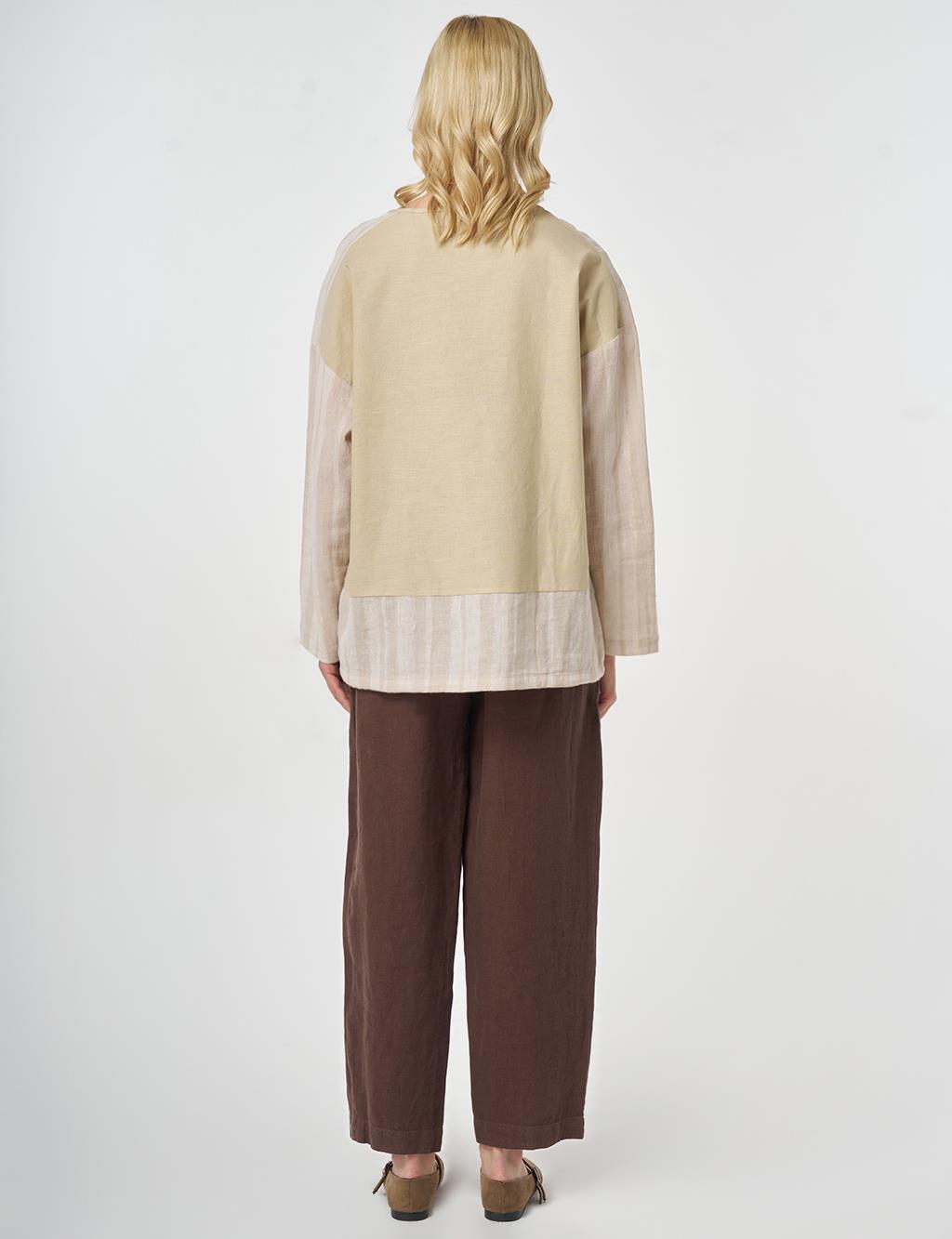 Crew Neck Cotton Linen Blouse, Beige