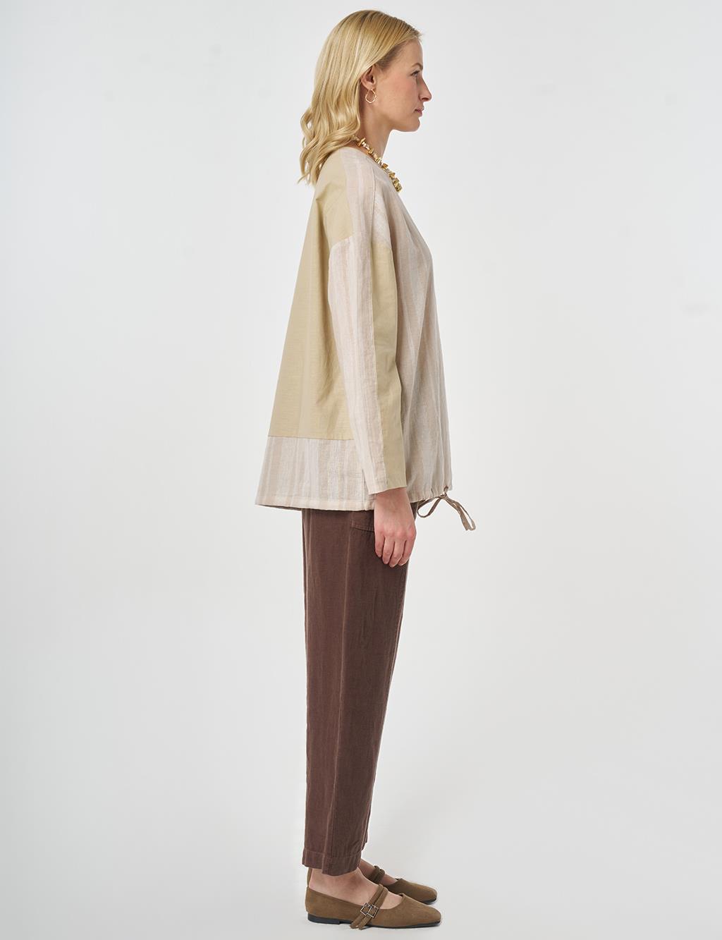 Crew Neck Cotton Linen Blouse, Beige