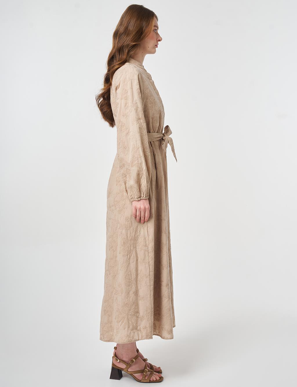 100% Cotton Embroidered Dress Beige