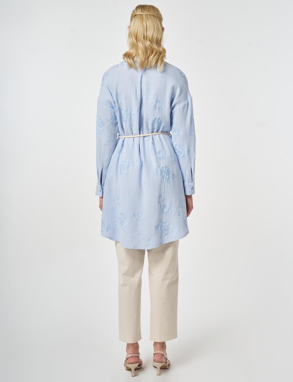 Hasır İp Kemer Detaylı Pamuklu Tunik Mavi