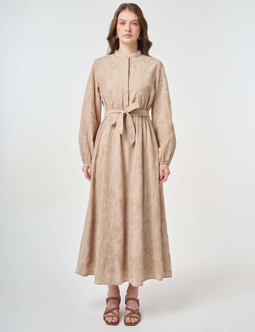 100% Cotton Embroidered Dress Beige