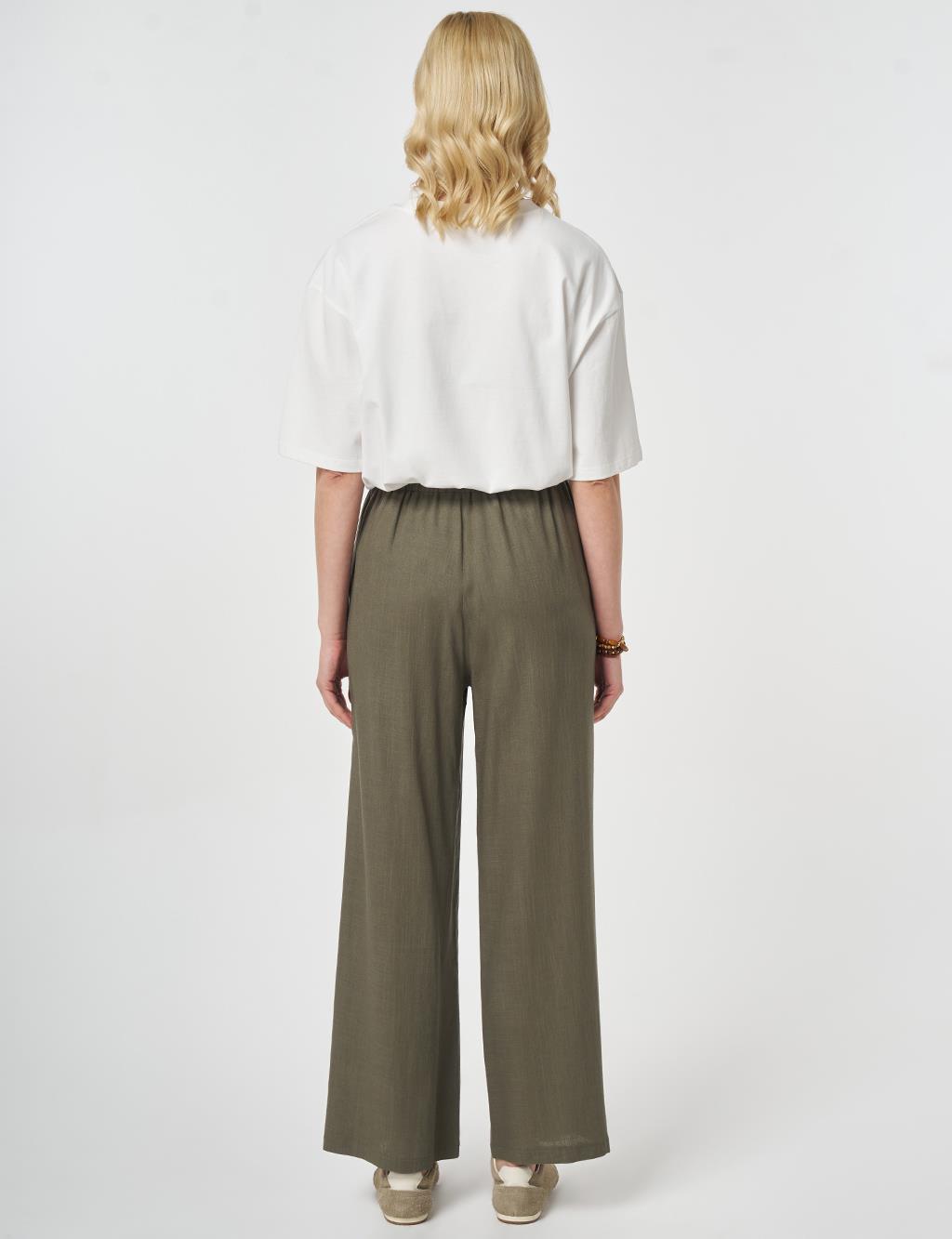 Bel Lastikli Keten Viskon Pantolon Haki