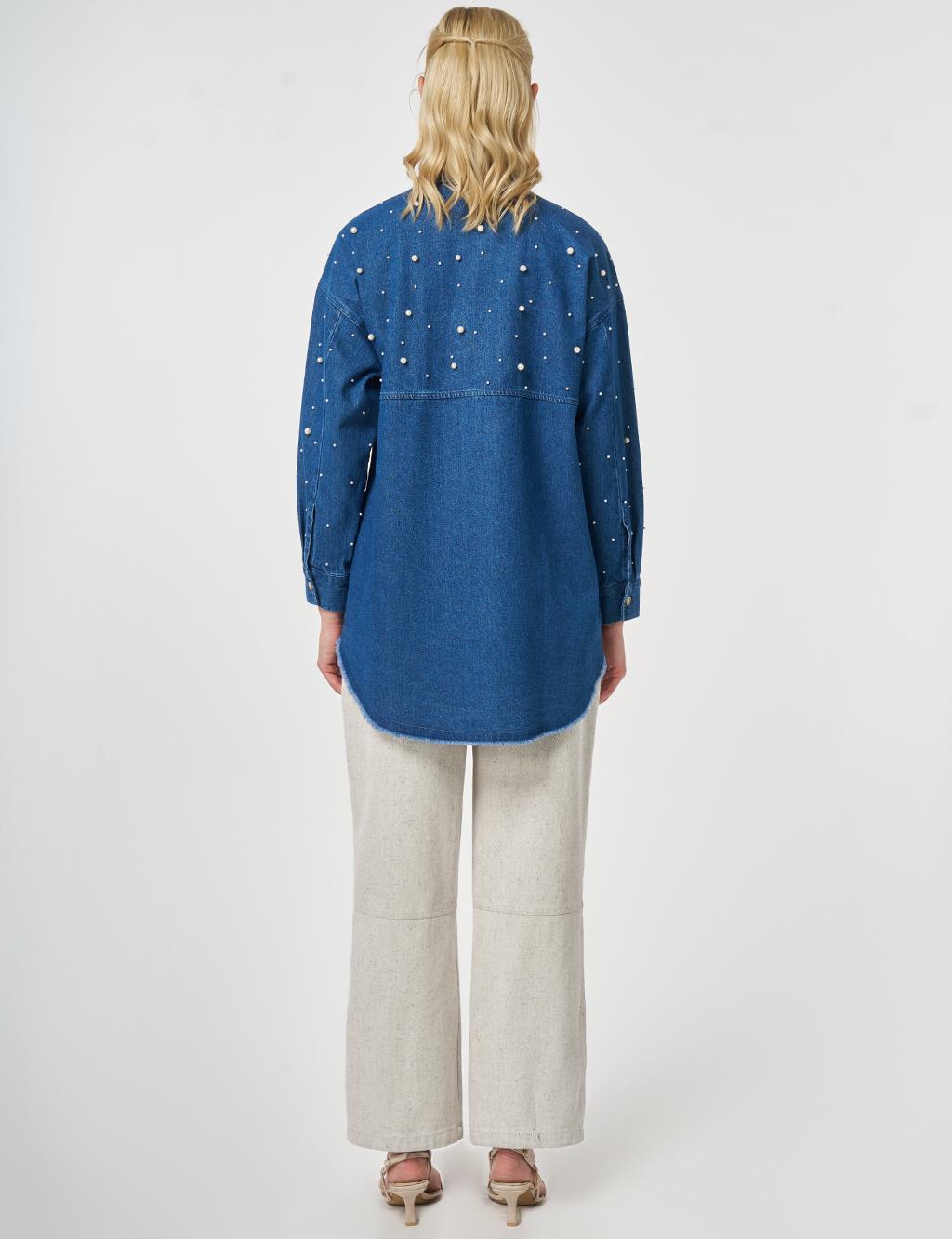 Pearl-Embellished Denim Tunic Indigo