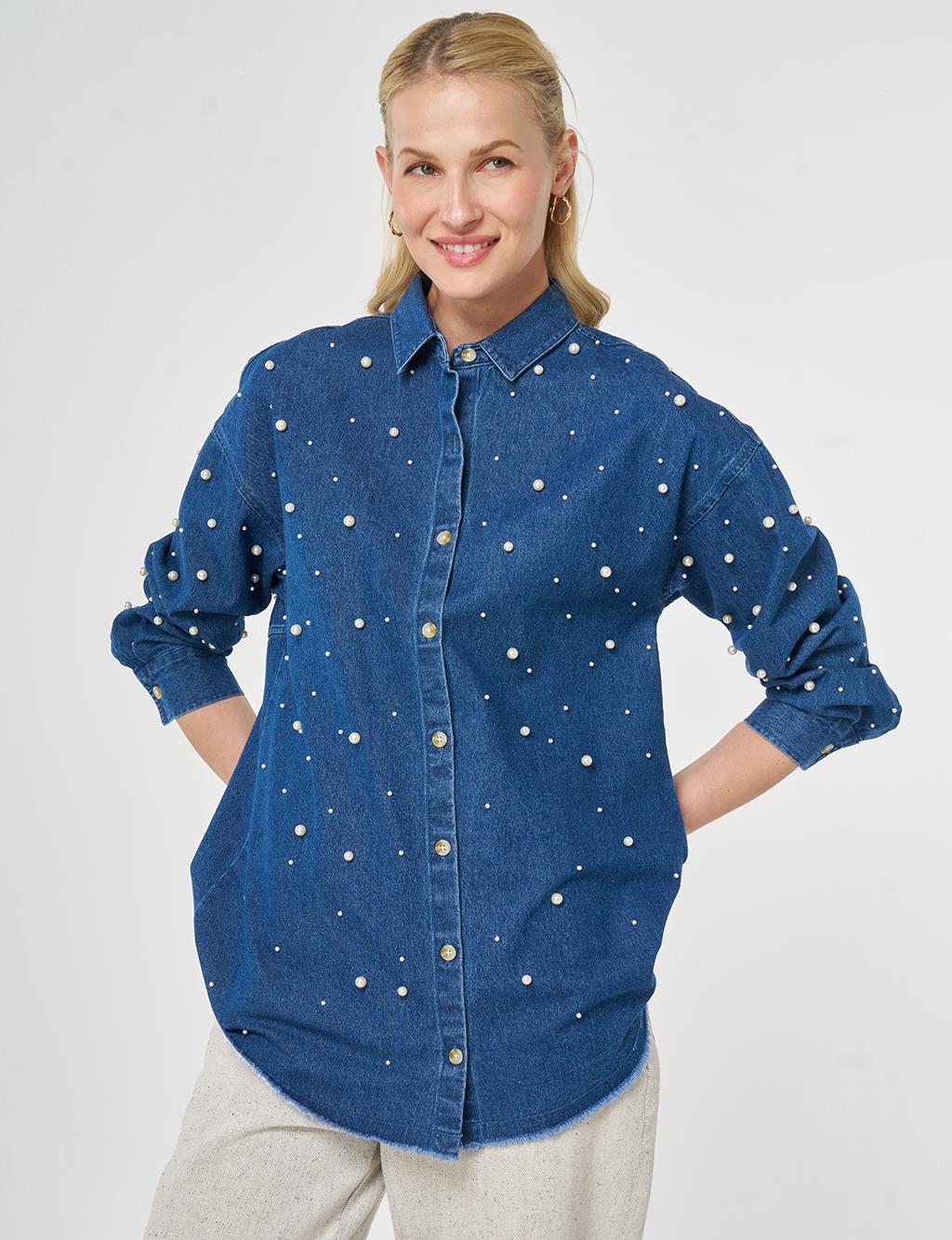 Pearl-Embellished Denim Tunic Indigo