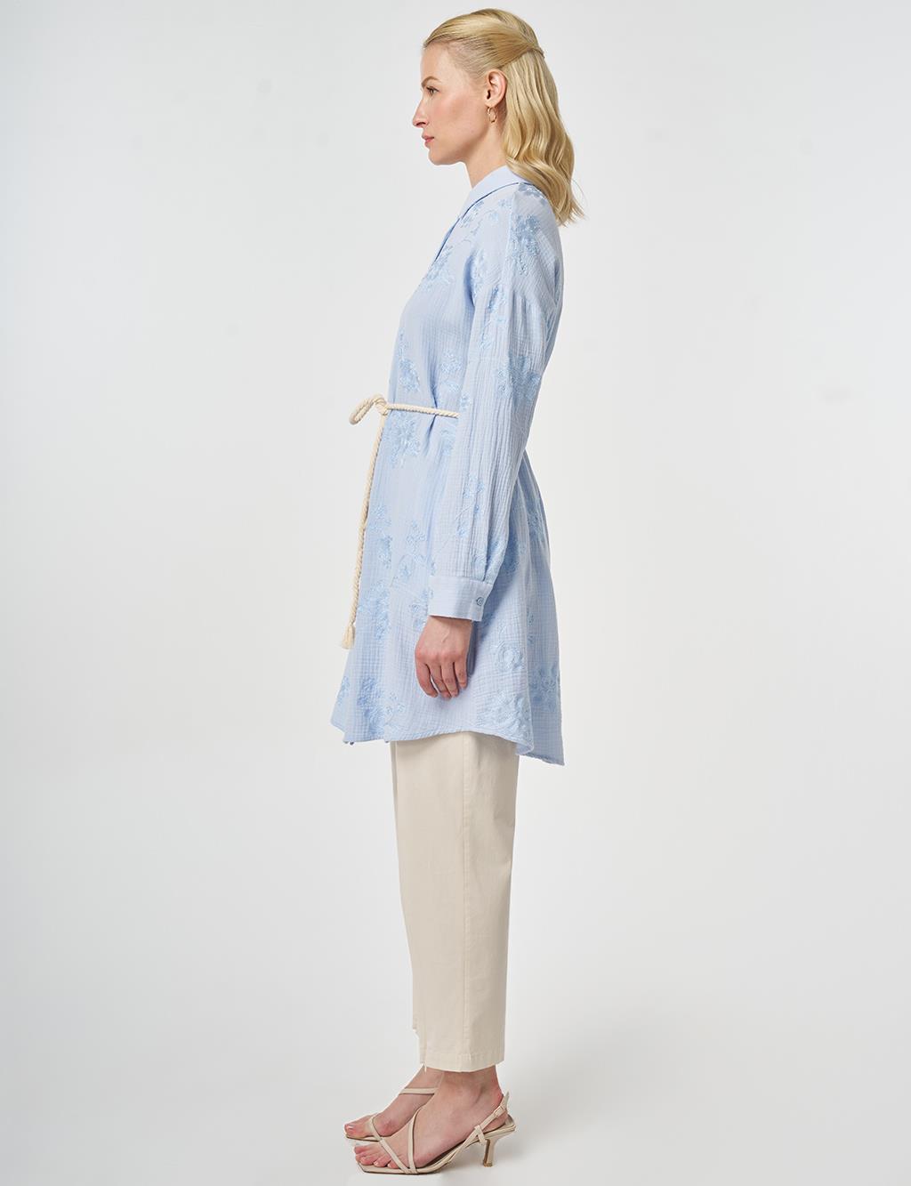 Hasır İp Kemer Detaylı Pamuklu Tunik Mavi