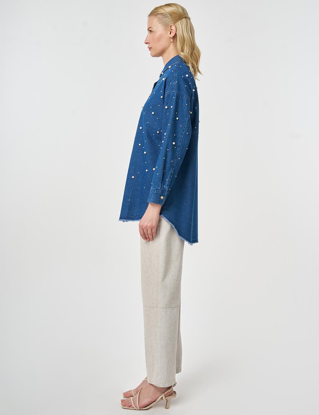 Pearl-Embellished Denim Tunic Indigo