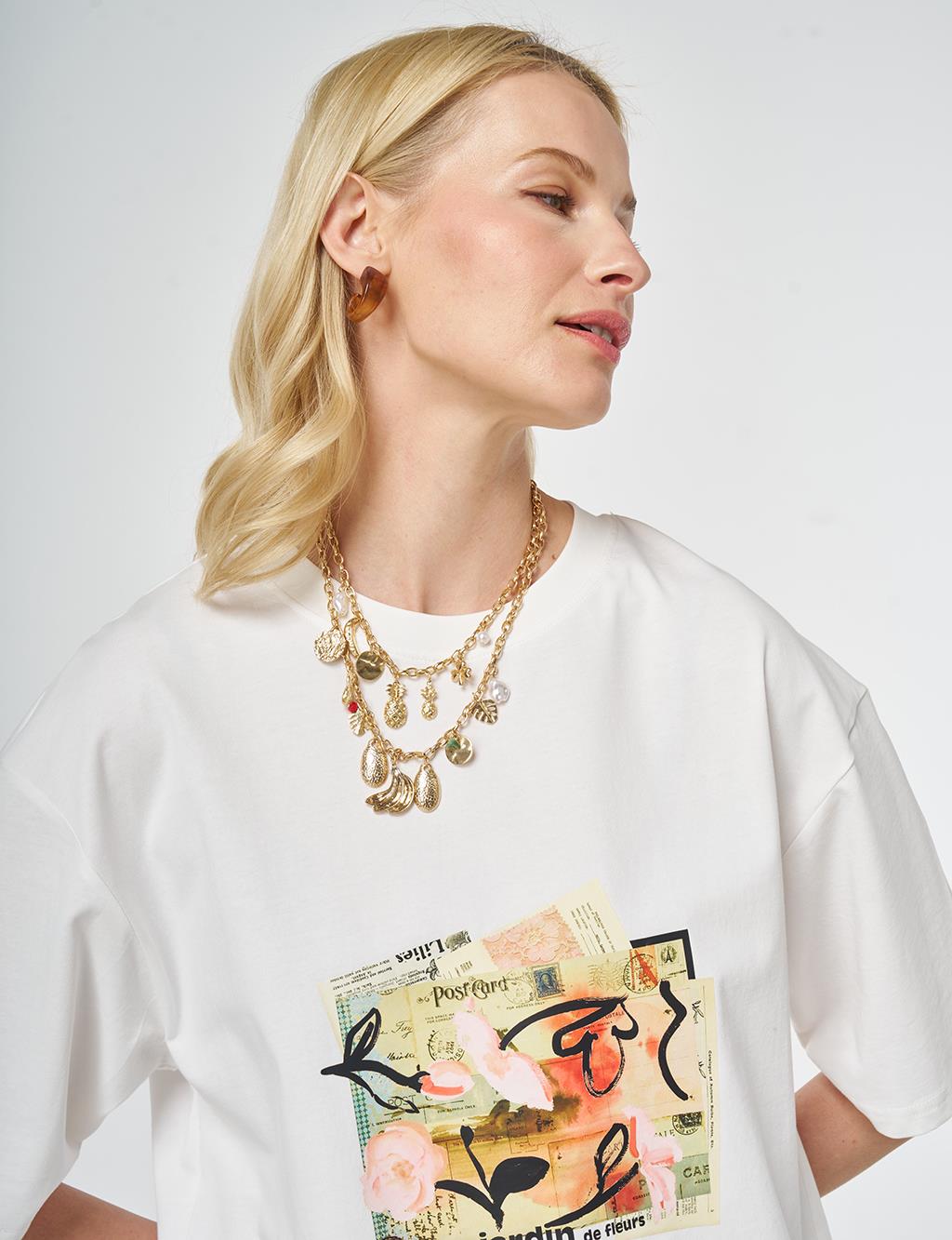 Print Detail T-shirt, Ecrou