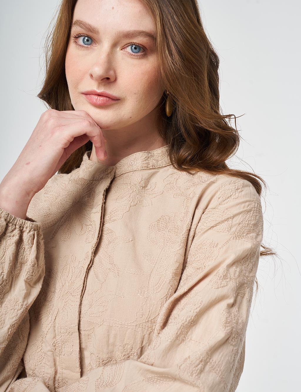 100% Cotton Embroidered Dress Beige