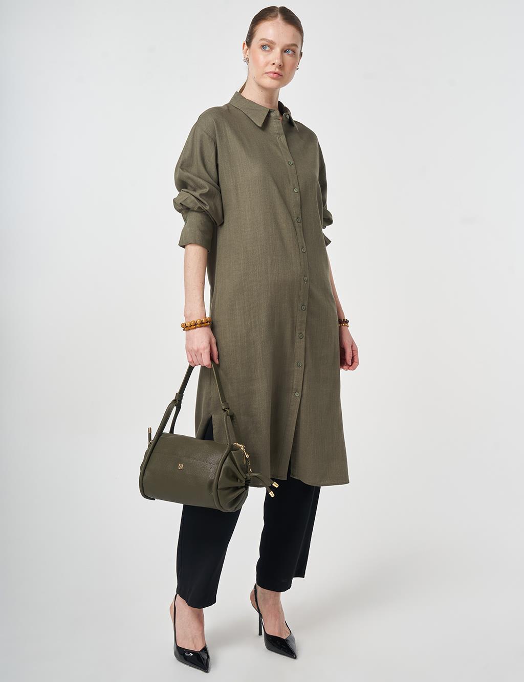 Linen Viscose Long Tunic, Khaki