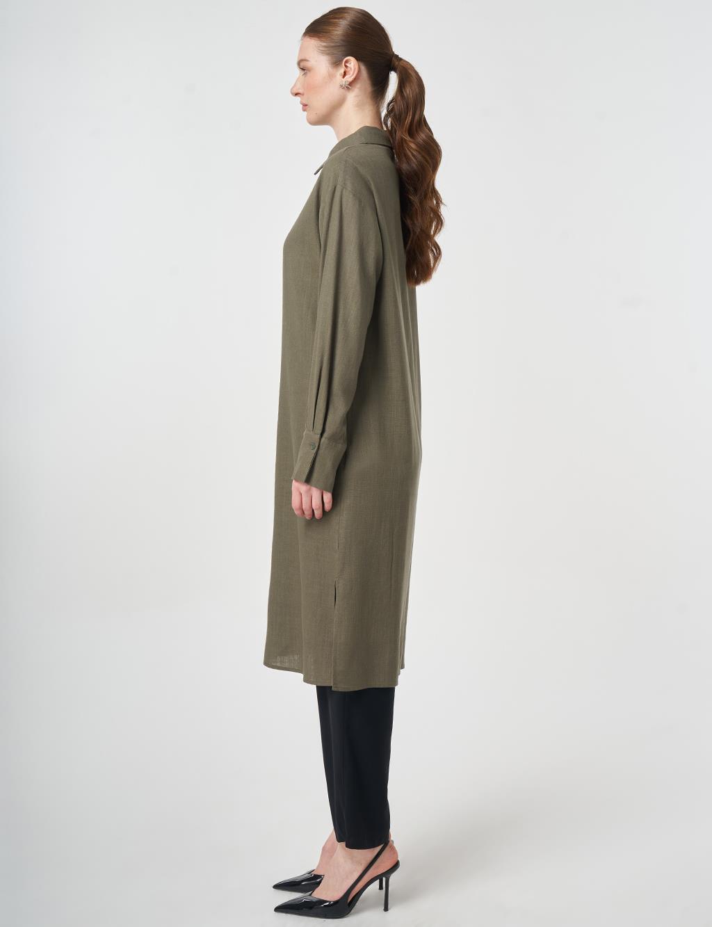 Linen Viscose Long Tunic, Khaki
