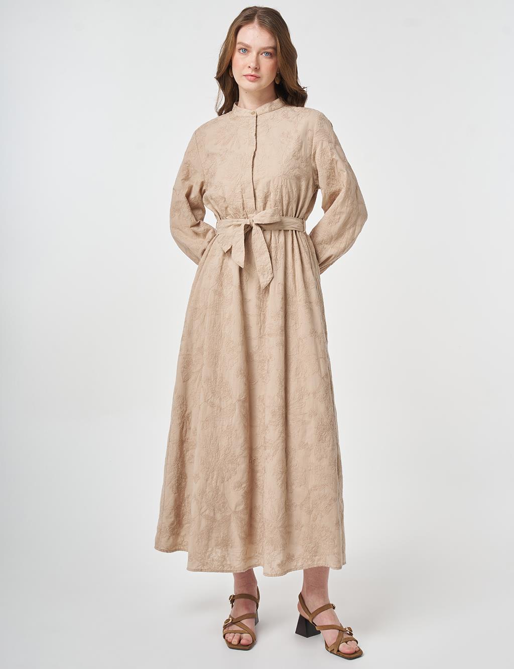 100% Cotton Embroidered Dress Beige