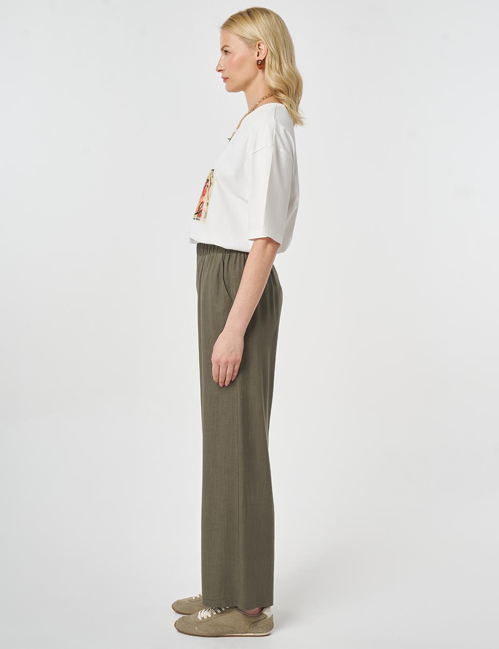 Bel Lastikli Keten Viskon Pantolon Haki