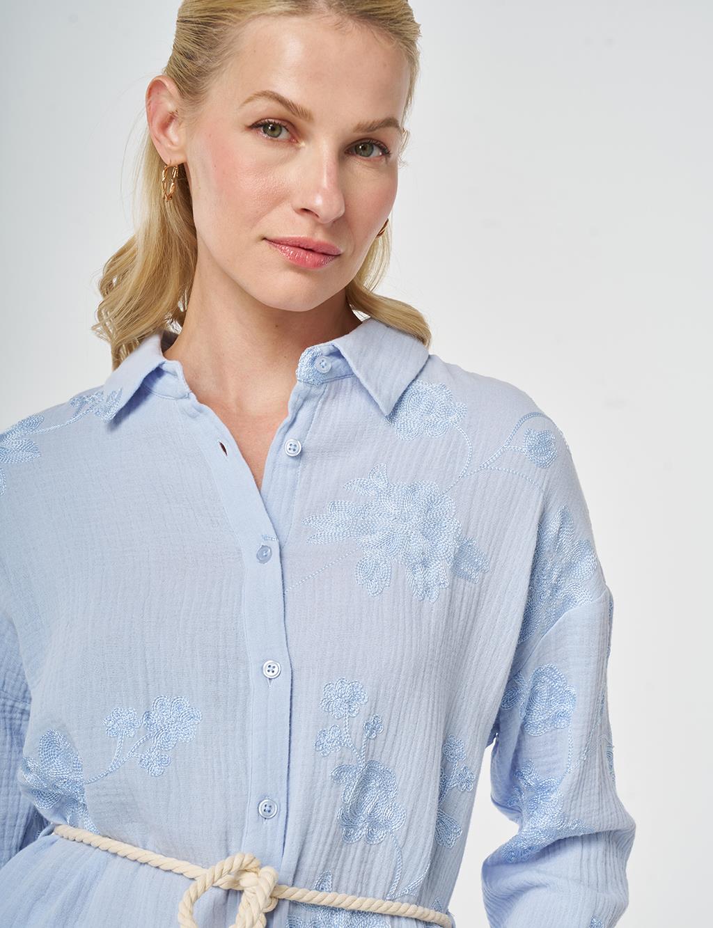 Hasır İp Kemer Detaylı Pamuklu Tunik Mavi